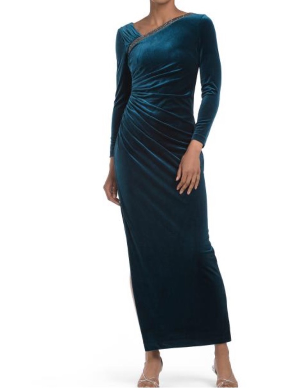 ADRIANNA PAPELL Elegant Teal Velvet Long-Sleeve Evening